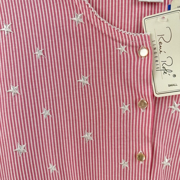 Vintage Rene Rofe Sleepwear Top S Cropped Button Up Pink Pinstripe Stars NEW - Picture 3 of 7